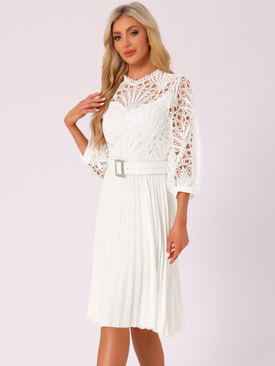 Floral Lace 3/4 Sleeve Belted Panel A-Line Pleated Dress