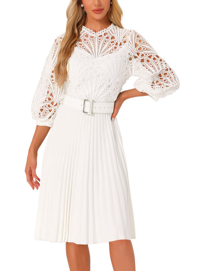 Floral Lace 3/4 Sleeve Belted Panel A-Line Pleated Dress