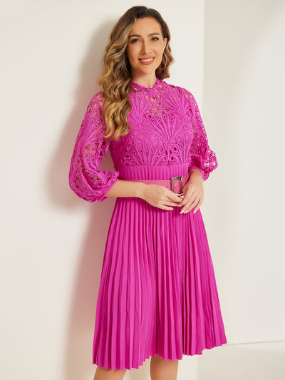 Floral Lace 3/4 Sleeve Belted Panel A-Line Pleated Dress