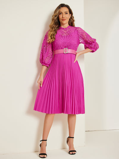 Floral Lace 3/4 Sleeve Belted Panel A-Line Pleated Dress