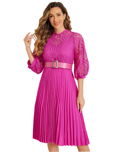 Floral Lace 3/4 Sleeve Belted Panel A-Line Pleated Dress