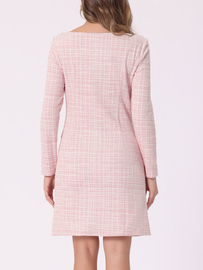 Tweed Plaid Long Sleeves Square Neckline Knee Length Dress