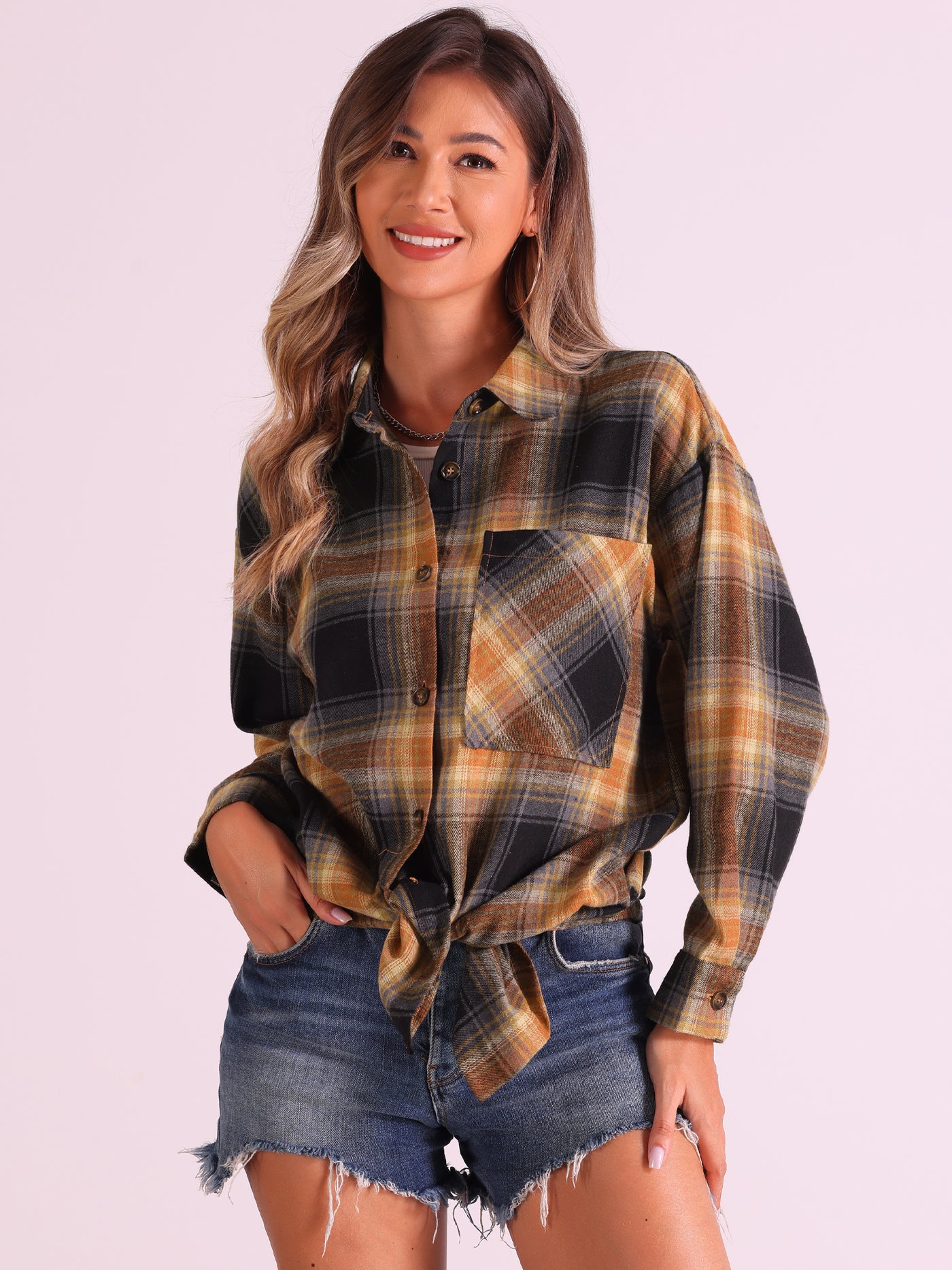 Allegra K Flannel Plaid Oversized Long Sleeve Casual Button Down Shirt