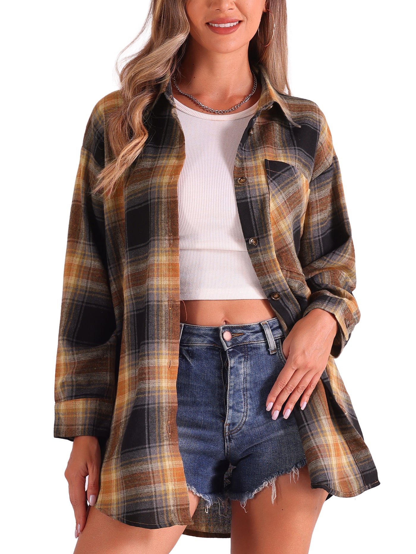 Allegra K Flannel Plaid Oversized Long Sleeve Casual Button Down Shirt