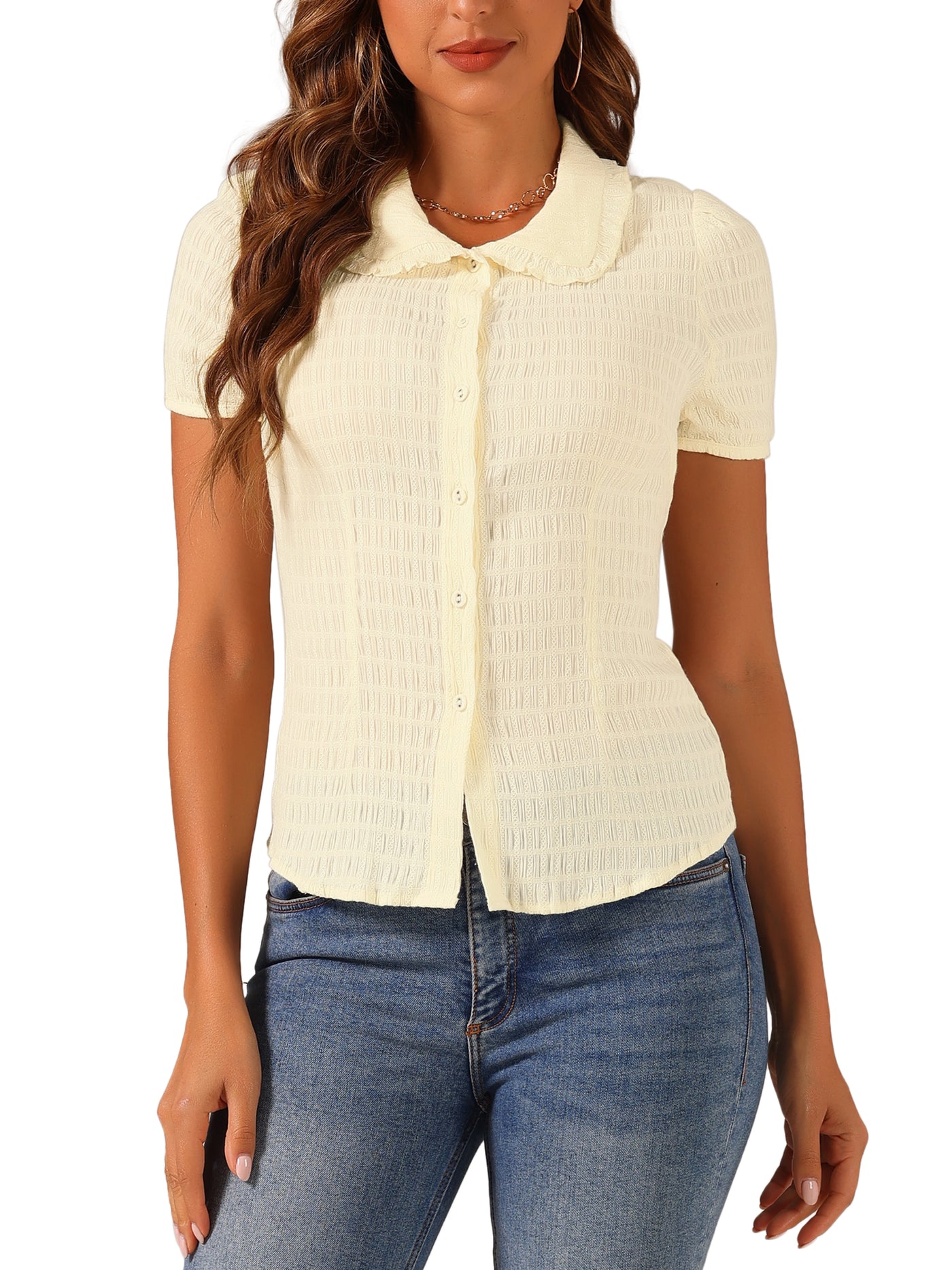 Allegra K Peter Pan Collar Short Sleeves Textured Button Down Blouse