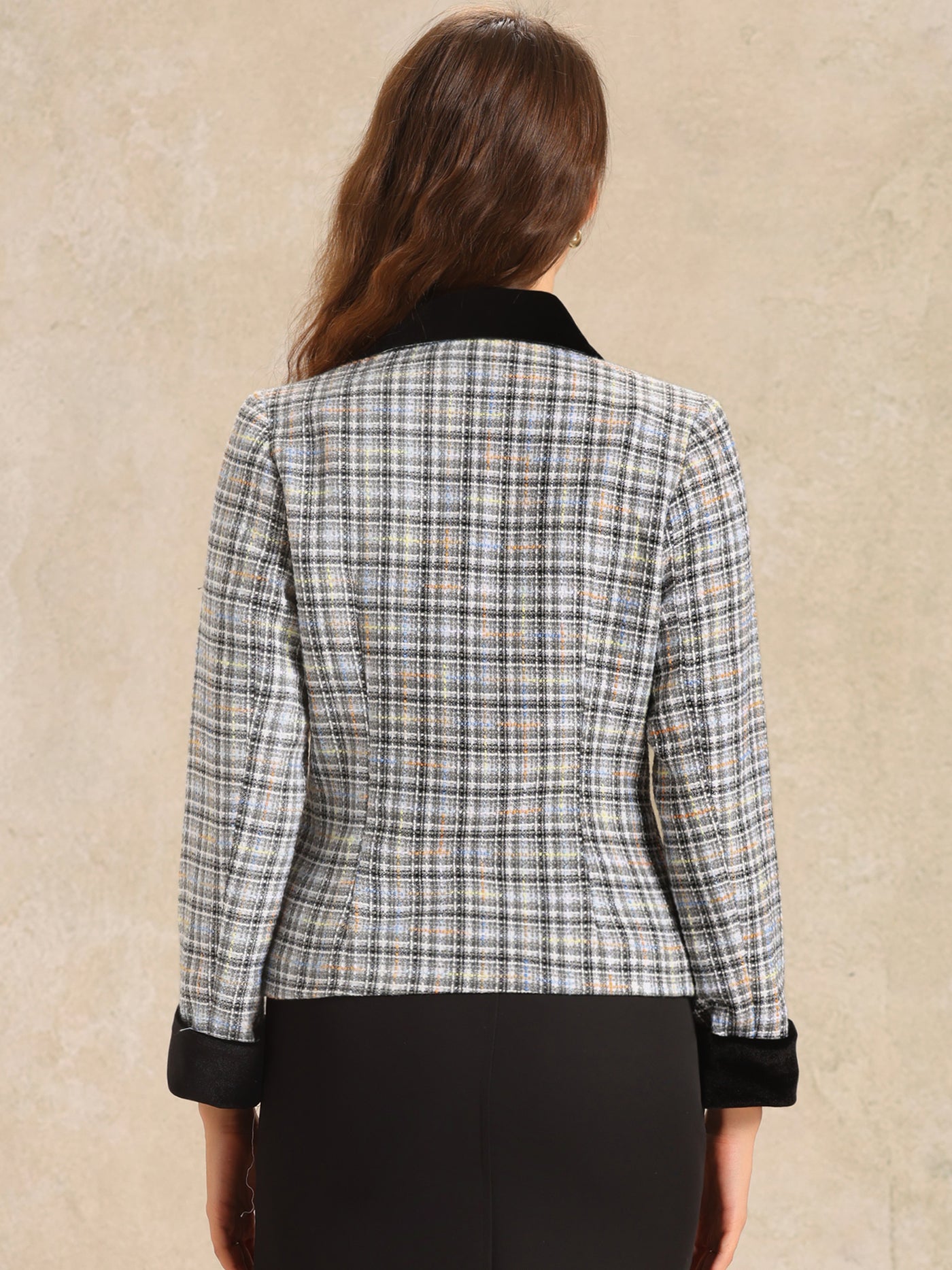 Allegra K Winter Elegant Vintage Plaid Tweed Office Short Jacket Blazer