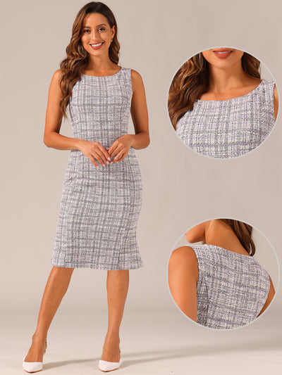 Tweed Sleeveless Elegant Plaid Cocktail Bodycon Fishtail Midi Dress