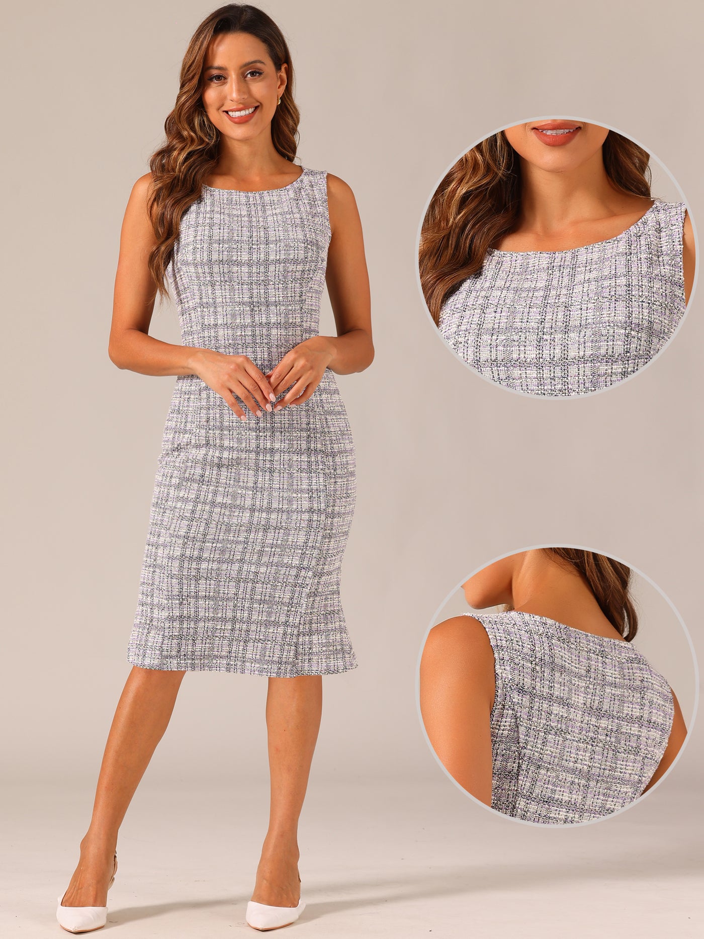 Allegra K Tweed Sleeveless Elegant Plaid Cocktail Bodycon Fishtail Midi Dress