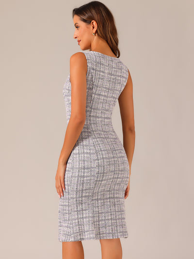 Tweed Sleeveless Elegant Plaid Cocktail Bodycon Fishtail Midi Dress