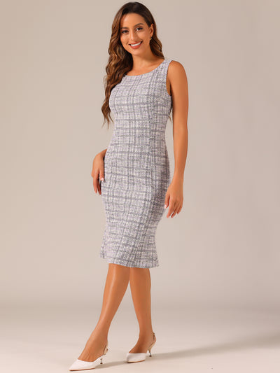 Tweed Sleeveless Elegant Plaid Cocktail Bodycon Fishtail Midi Dress