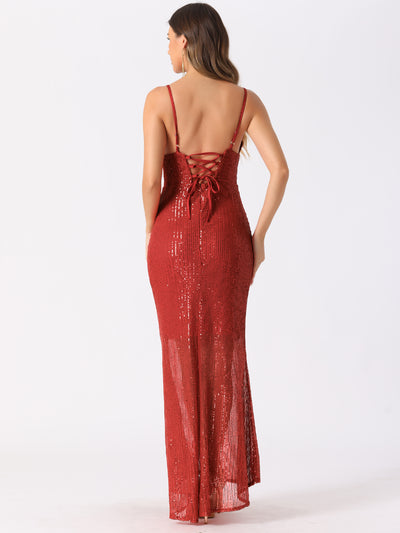 Women's Sequin Evening Dress V Neck Spaghetti Straps Maxi Split Gown Dresses