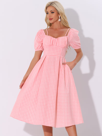 Vintage Gingham Pocketed Spaghetti Straps Off Shoulder Swing Plaid Dress