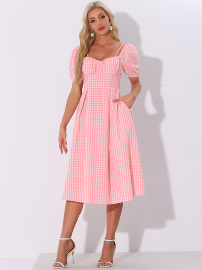 Vintage Gingham Pocketed Spaghetti Straps Off Shoulder Swing Plaid Dress