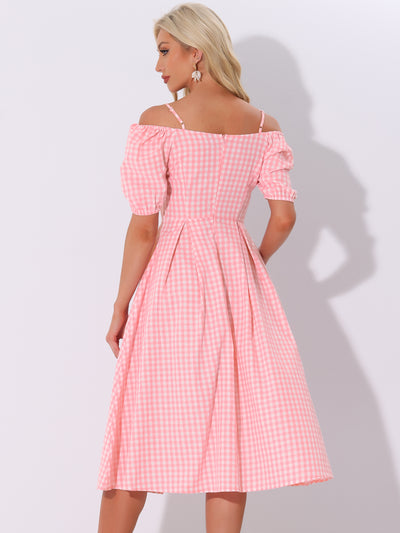 Vintage Gingham Pocketed Spaghetti Straps Off Shoulder Swing Plaid Dress