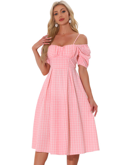 Vintage Gingham Pocketed Spaghetti Straps Off Shoulder Swing Plaid Dress