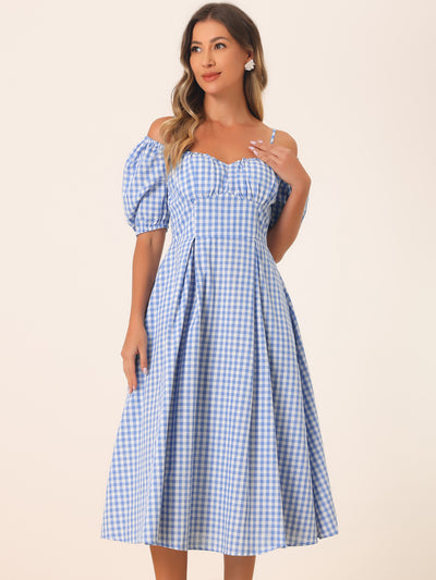 Vintage Gingham Pocketed Spaghetti Straps Off Shoulder Swing Plaid Dress