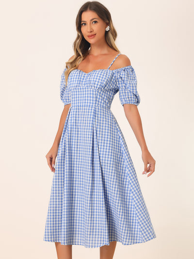 Vintage Gingham Pocketed Spaghetti Straps Off Shoulder Swing Plaid Dress