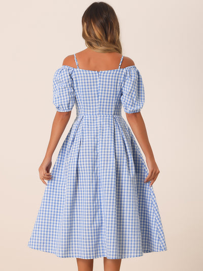 Vintage Gingham Pocketed Spaghetti Straps Off Shoulder Swing Plaid Dress