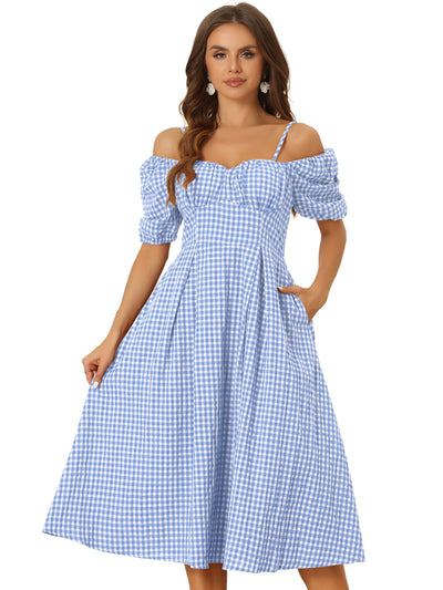 Vintage Gingham Pocketed Spaghetti Straps Off Shoulder Swing Plaid Dress