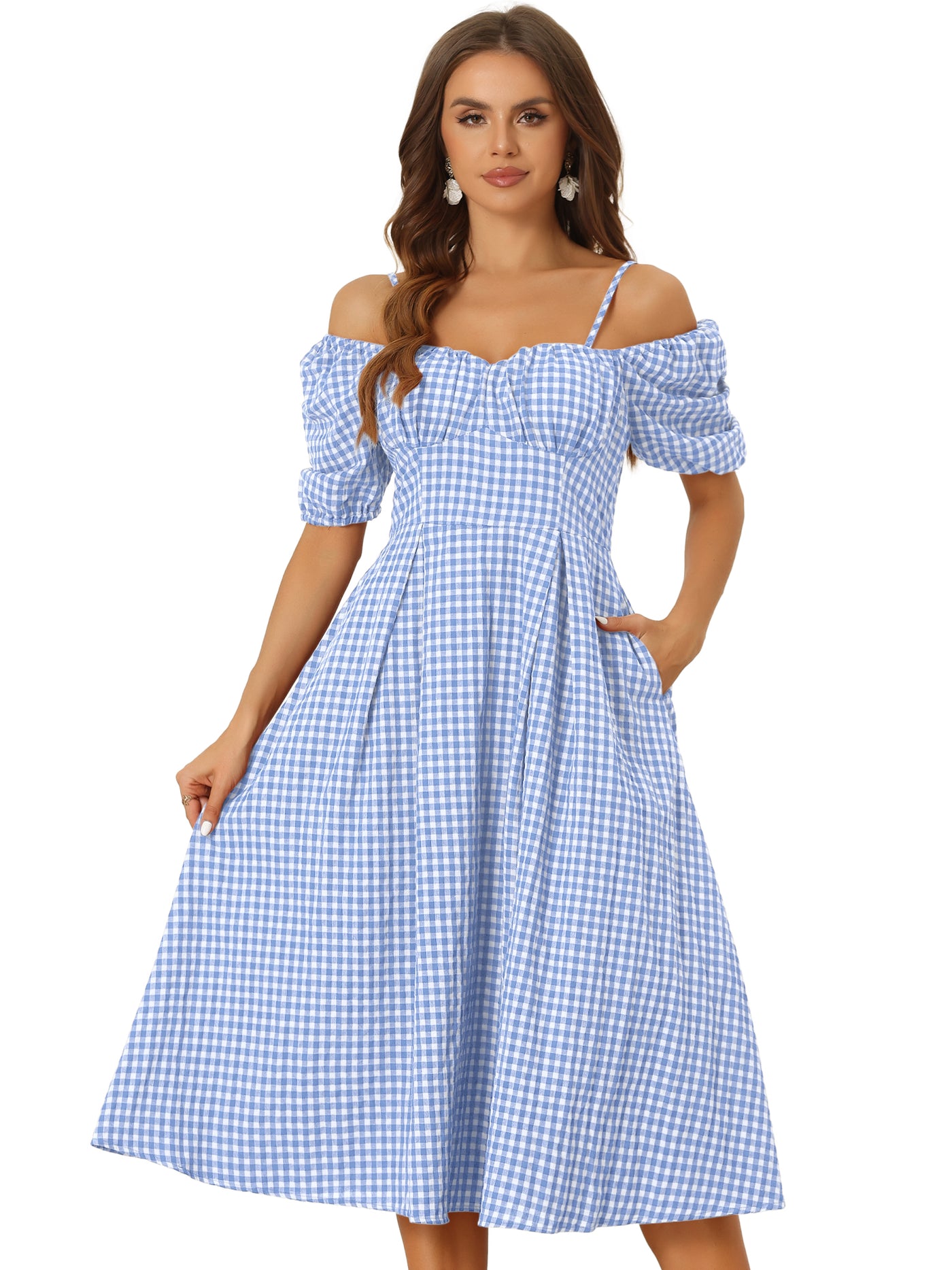 Allegra K Vintage Gingham Pocketed Spaghetti Straps Off Shoulder Swing Plaid Dress