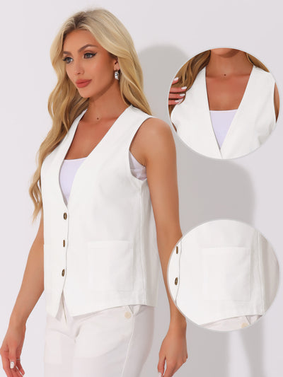 Button Down Vest Linen Sleeveless V Neck Summer Waistcoat