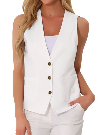 Button Down Vest Linen Sleeveless V Neck Summer Waistcoat