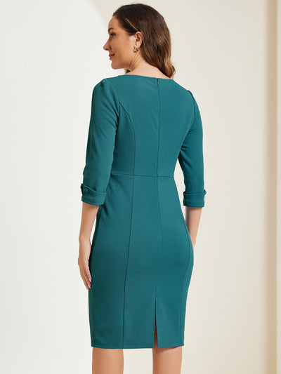 3/4 Sleeve Notch Neck Slim Fit Work Pencil Midi Dress