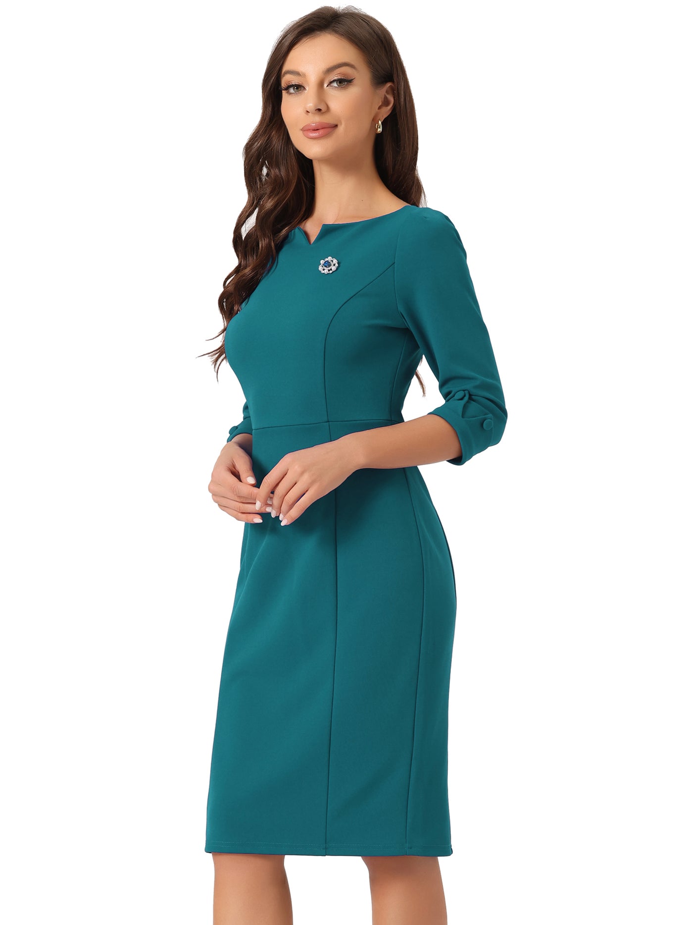 Allegra K 3/4 Sleeve Notch Neck Slim Fit Work Pencil Midi Dress