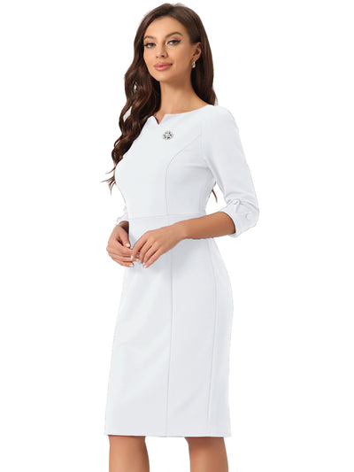 3/4 Sleeve Notch Neck Slim Fit Work Pencil Midi Dress