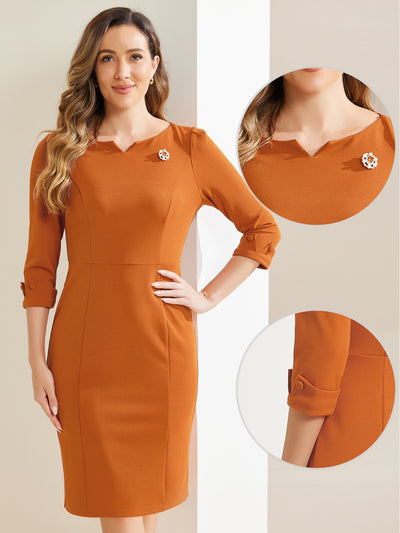 3/4 Sleeve Notch Neck Slim Fit Work Pencil Midi Dress