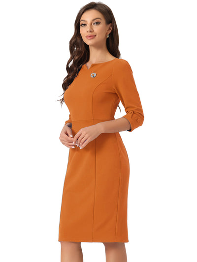 3/4 Sleeve Notch Neck Slim Fit Work Pencil Midi Dress