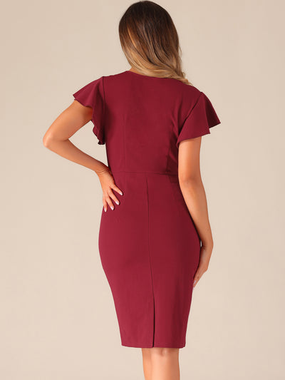 Ruffle Sleeve Solid V Neck Ruched Front Elegant Bodycon Dress