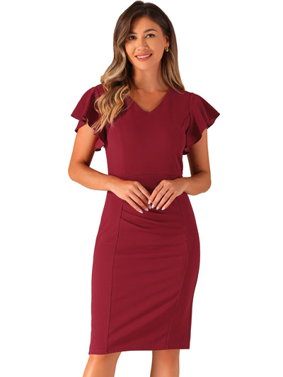 Ruffle Sleeve Solid V Neck Ruched Front Elegant Bodycon Dress