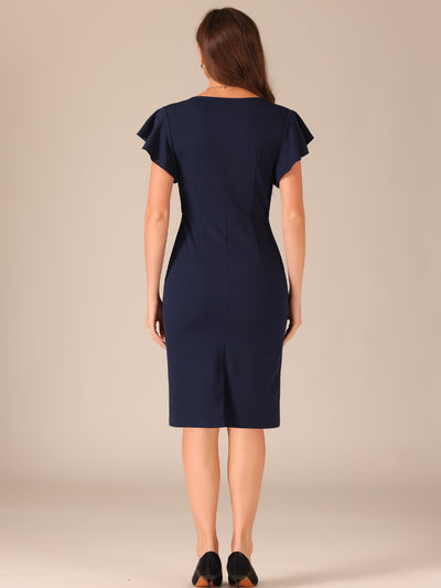 Ruffle Sleeve Solid V Neck Ruched Front Elegant Bodycon Dress