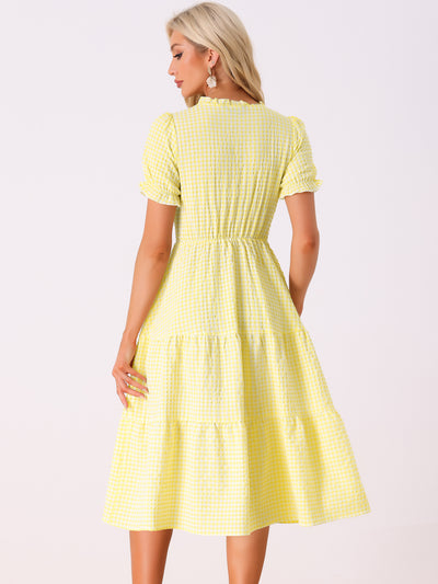 Ruffle Trim V Neck Button Decor Plaid Gingham Tiered Midi Dress