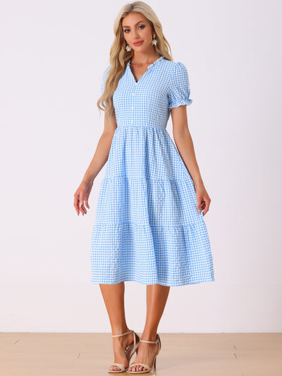 Ruffle Trim V Neck Button Decor Plaid Gingham Tiered Midi Dress