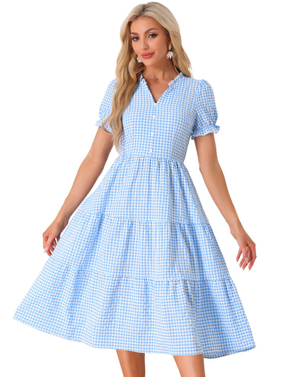 Ruffle Trim V Neck Button Decor Plaid Gingham Tiered Midi Dress