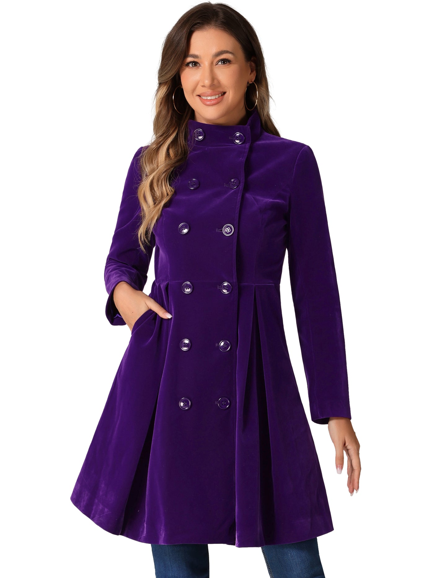 Allegra K Velvet A-Line Stand Collar Double Breasted Winter Trench Coat