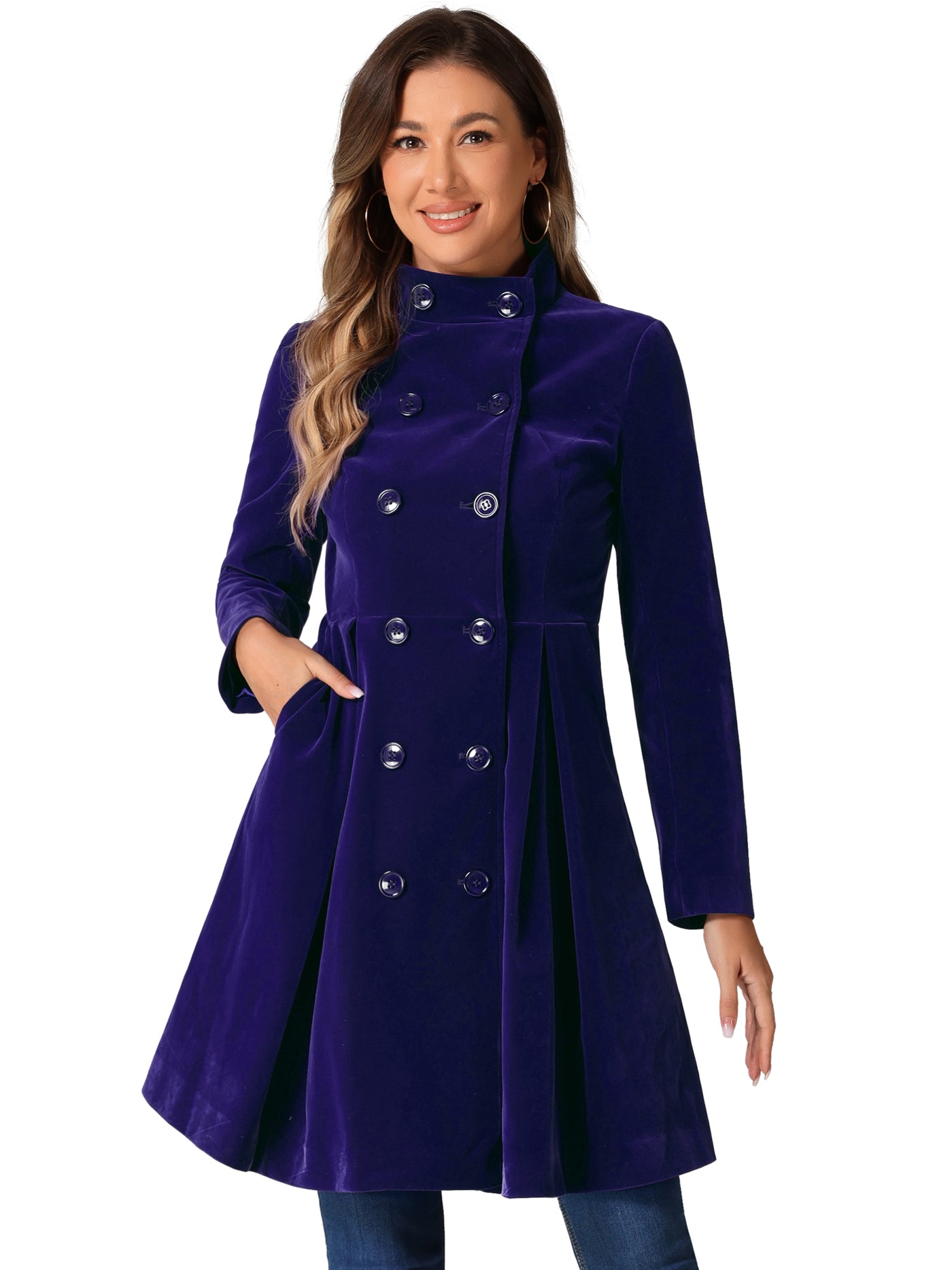 Allegra K Velvet A-Line Stand Collar Double Breasted Winter Trench Coat