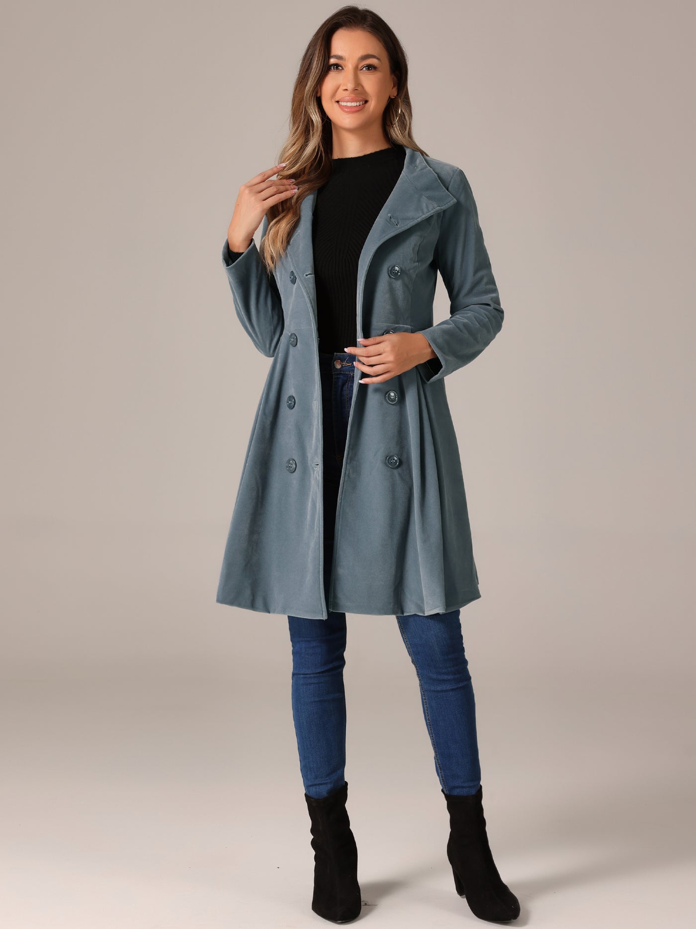 Allegra K Velvet A-Line Stand Collar Double Breasted Winter Trench Coat