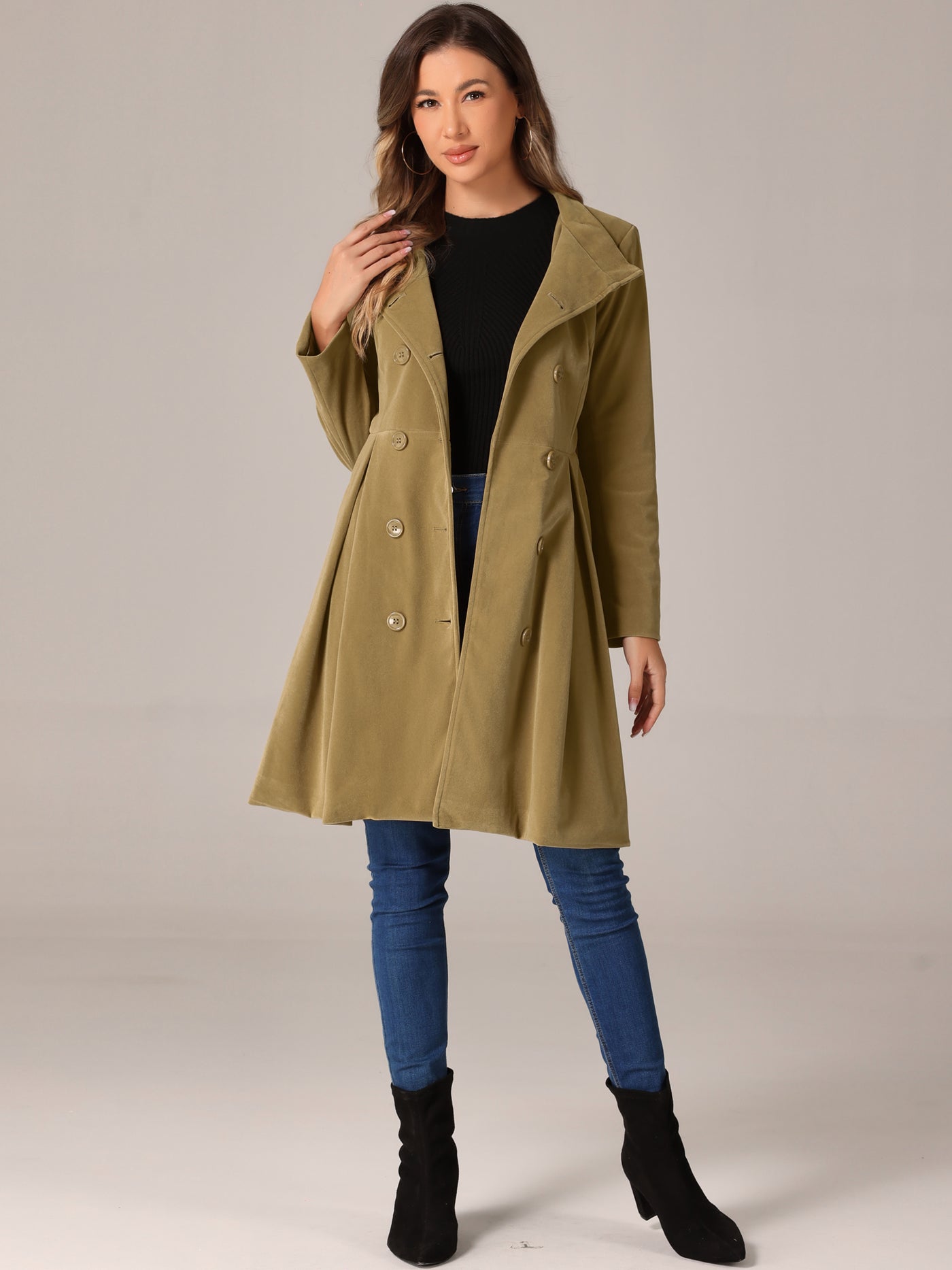 Allegra K Velvet A-Line Stand Collar Double Breasted Winter Trench Coat