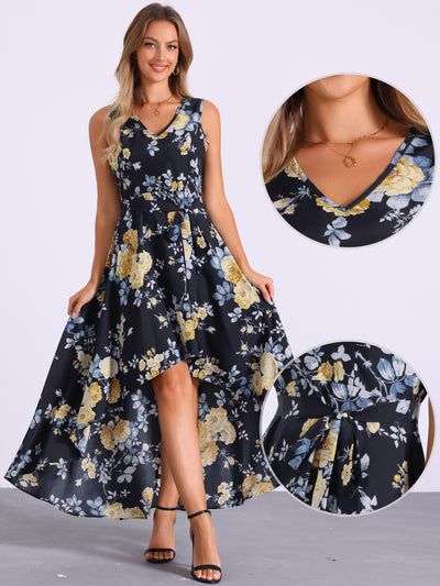 V Neck Floral Print Belt Sleeveless High Low Hem Long Maxi Dress Sundress