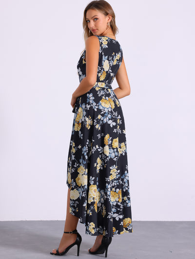 V Neck Floral Print Belt Sleeveless High Low Hem Long Maxi Dress Sundress