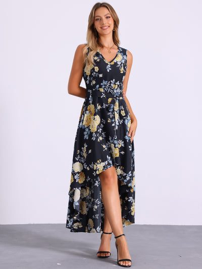 V Neck Floral Print Belt Sleeveless High Low Hem Long Maxi Dress Sundress