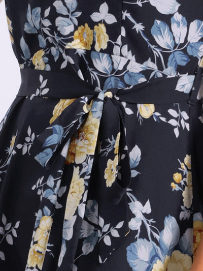 V Neck Floral Print Belt Sleeveless High Low Hem Long Maxi Dress Sundress