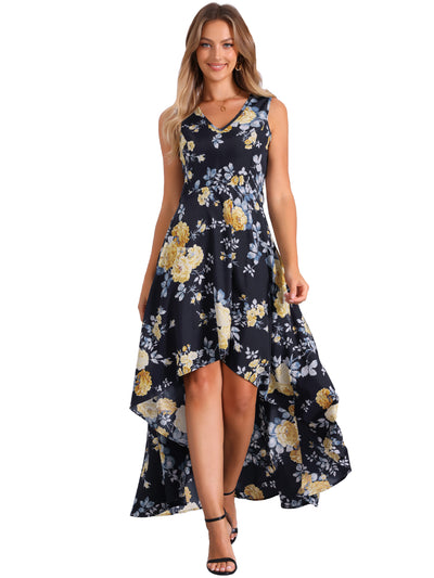 V Neck Floral Print Belt Sleeveless High Low Hem Long Maxi Dress Sundress