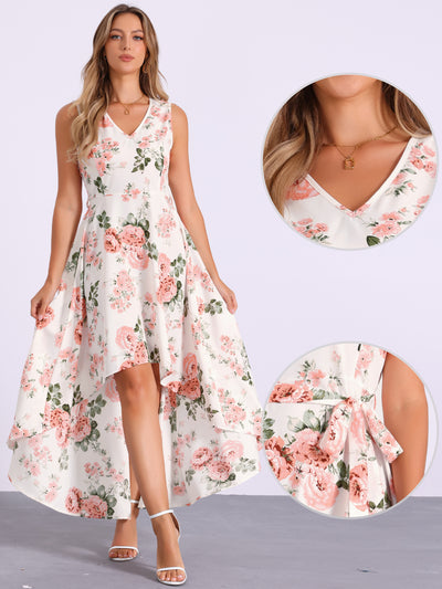 V Neck Floral Print Belt Sleeveless High Low Hem Long Maxi Dress Sundress