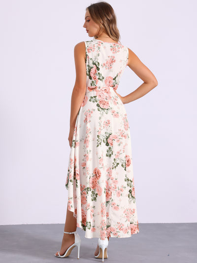 V Neck Floral Print Belt Sleeveless High Low Hem Long Maxi Dress Sundress