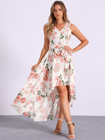 V Neck Floral Print Belt Sleeveless High Low Hem Long Maxi Dress Sundress