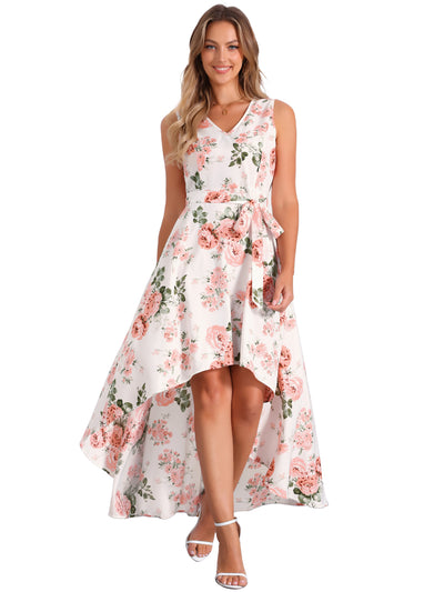 V Neck Floral Print Belt Sleeveless High Low Hem Long Maxi Dress Sundress